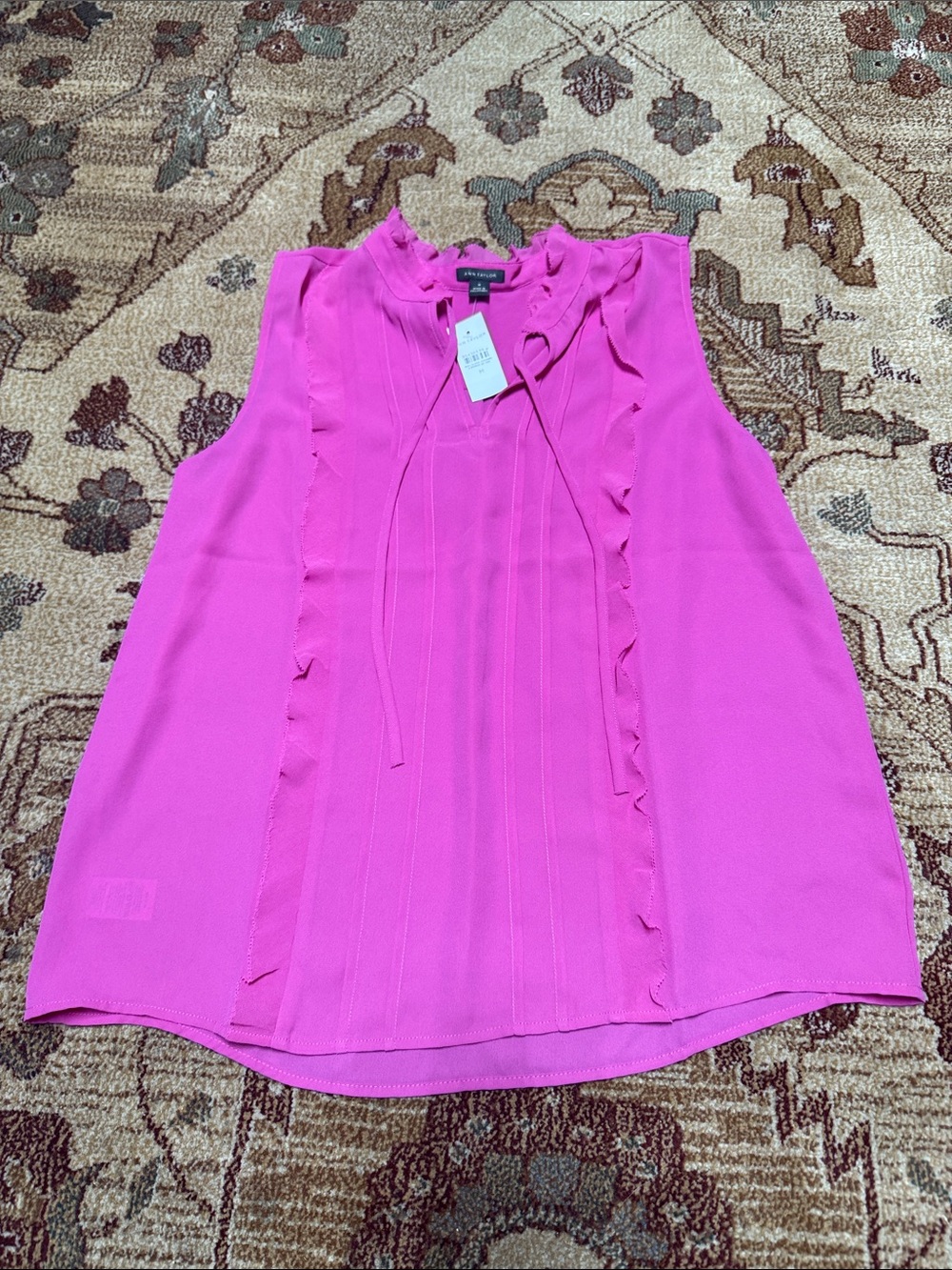 Ann Taylor ruffle front sleeveless neck tie magenta pink blouse medium